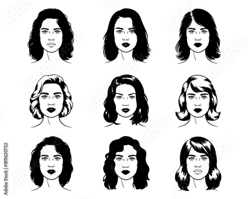 Collection of diverse female hairstyles and portraits in black and white