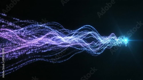Abstract visualization of flowing, glowing particle streams in vibrant blue and purple hues