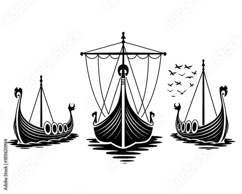 Three viking longships sailing with birds overhead
