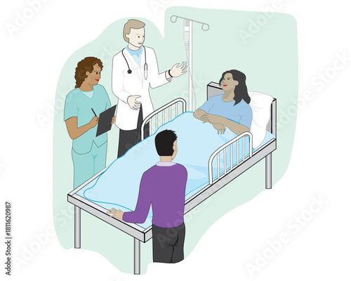 vector illustration design of a doctor and nurse talking to a female patient in her bed and beside her there is a man who is the husband of the woman