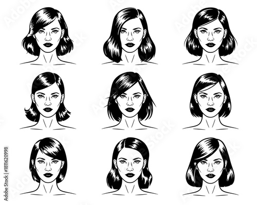 Collection of nine diverse female hairstyles in black and white illustration