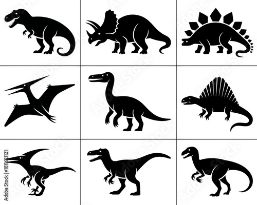 Collection of nine black dinosaur silhouettes on a white background