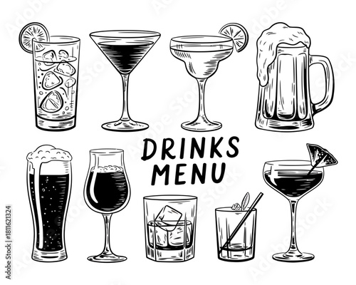 Hand drawn collection of various alcoholic and non alcoholic drinks for a menu