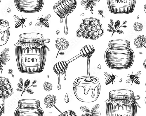 Hand drawn seamless pattern of honey jars bees honeycomb and flowers
