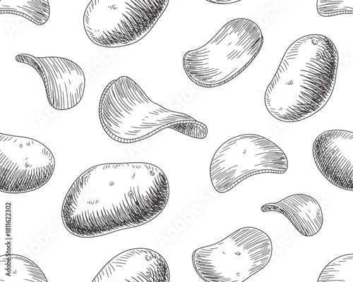 Hand drawn potato chips and potatoes seamless pattern sketch