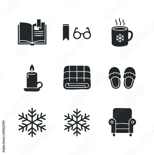 Winter cozy essentials glyph icons set for ultimate home relaxation including book, candle, blanket, slippers, and steaming mug perfect for seasonal lifestyle content