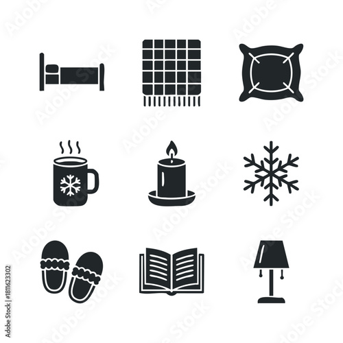 Cozy home comfort essentials set displaying household objects including bed, warm blanket, soft pillow, steaming mug, lit candle, snowflake, comfy slippers, open book, and reading lamp