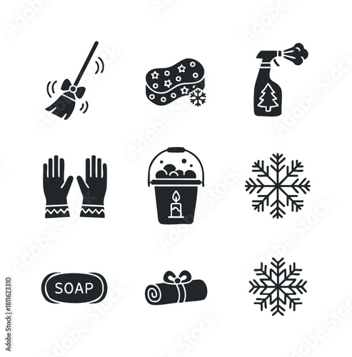 Useful glyph icons representing winter season hygiene, domestic work and relaxation with symbols like broom, festive cleaner, snowflake, warm mittens, bucket, soap and towel for various