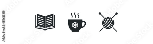 Simple black icons representing cozy winter leisure activities including reading an open book, enjoying a steaming hot drink in a snowflake mug, and knitting with yarn and needles.