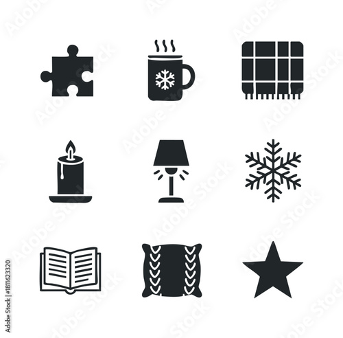 Collection of cozy comfort icons including puzzle, hot drink, blanket, candle, lamp, snowflake, book, pillow, and star for winter holiday marketing materials.