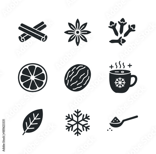 Comprehensive collection of warming winter spices and essential ingredients for festive hot beverages and holiday baking recipes, ideal for graphic resources and seasonal design projects.