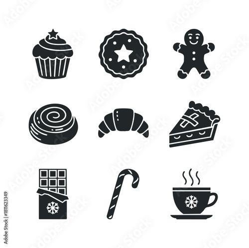 Delicious black silhouette dessert and winter holiday treat icons perfect for festive season menus, sweet shop branding, and baking recipe blogs