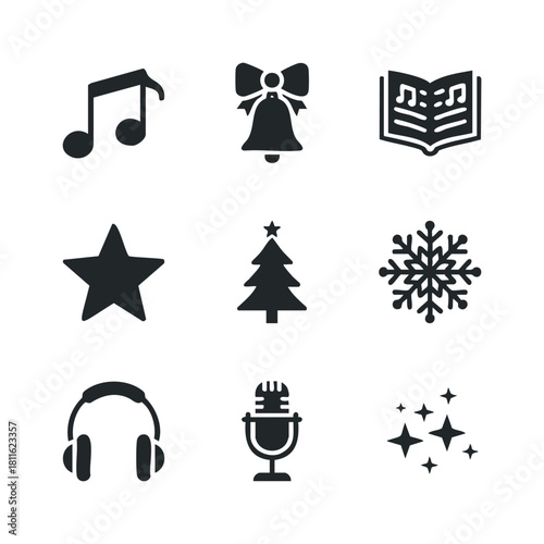 A comprehensive collection of essential music and festive holiday season icons perfect for various digital applications, seasonal greetings, and winter themed graphic projects