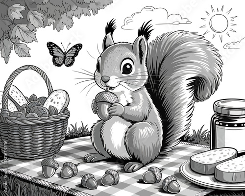 Cute squirrel enjoying an acorn during a picnic in the park
