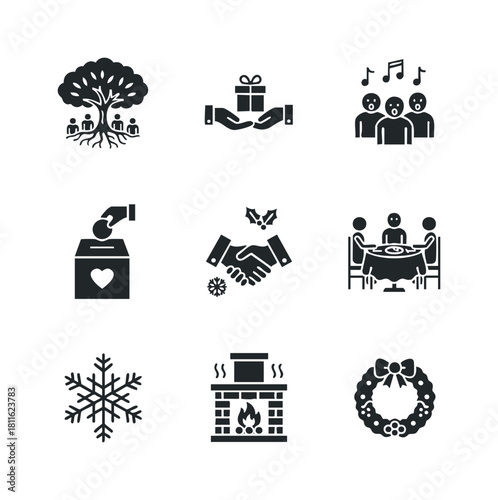 Black glyph icons representing diverse themes of winter holidays, community gatherings, charitable giving, and festive celebrations are ideal for seasonal promotions or greeting card