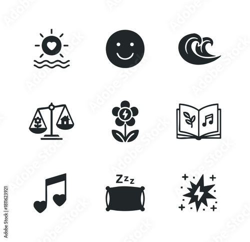 A collection of modern flat vector symbols depicting concepts like happiness, environmental balance, musical harmony, peaceful sleep, and natural energy, suitable for apps, websites, or