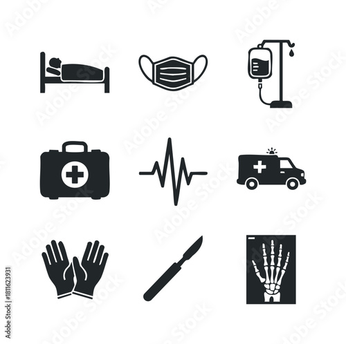 Essential healthcare and emergency service icons including patient bed, surgical mask, IV drip, first aid kit, heartbeat, ambulance, medical gloves, scalpel, and Xray for medical website