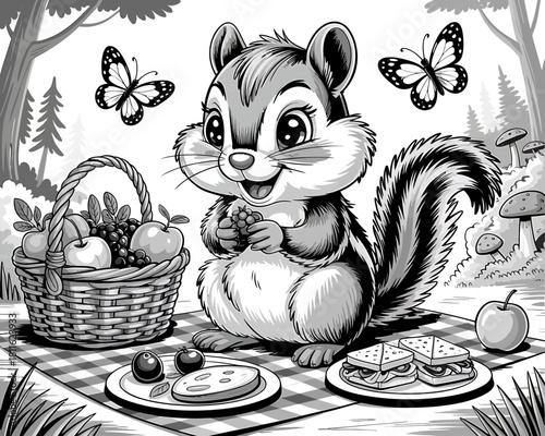 Cute cartoon chipmunk enjoying a picnic in the forest with butterflies