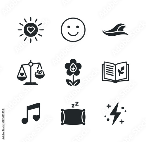 Set of essential lifestyle icons representing happiness, nature, balance, and wellbeing, perfect for health apps, selfcare guides, and educational materials.