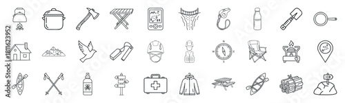 Outline icons representing essential equipment and activities for outdoor adventures camping hiking and wilderness exploration ideal for travel guides web designs and educational materials
