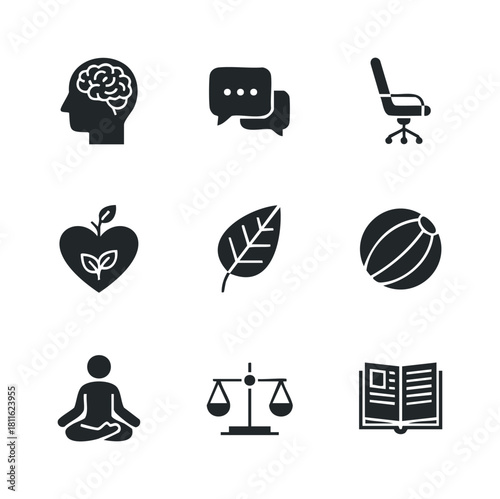 Collection of glyph icons featuring intelligence, communication, office, health, nature, sport, meditation, law, and education, perfect for representing diverse human activities and values