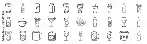 A versatile collection of outline beverage icons showcasing various drink types and containers for menu designs, apps, and digital graphic projects.