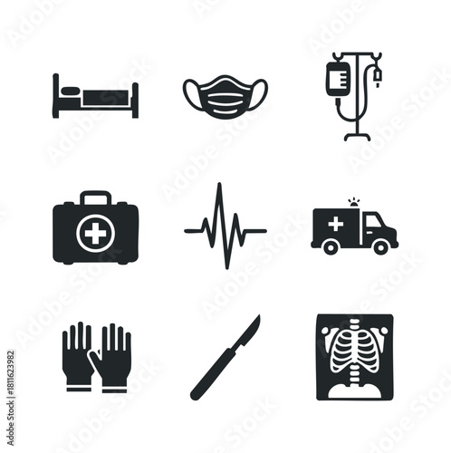 A comprehensive set of essential medical and healthcare icons perfect for illustrating hospital services, emergency care, surgical procedures, and general medical safety applications