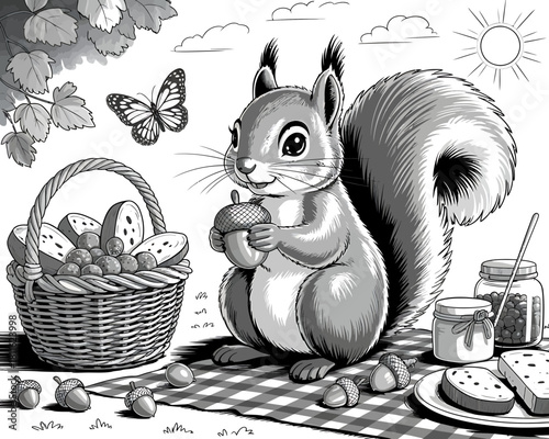 Cute squirrel enjoying a picnic with acorns and a basket of food