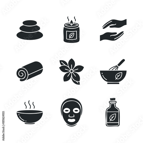 A collection of wellness spa therapy and natural relaxation icons representing selfcare elements perfect for health and beauty business websites and mobile applications