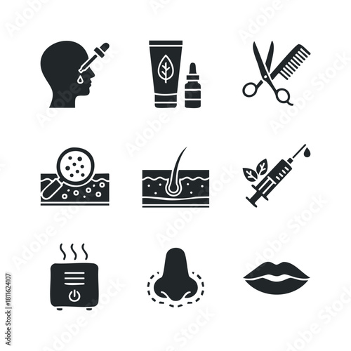 Comprehensive collection of personal care glyph icons representing skincare, hair treatment, cosmetic procedures, and aesthetic services for salon, spa, or medical clinic marketing