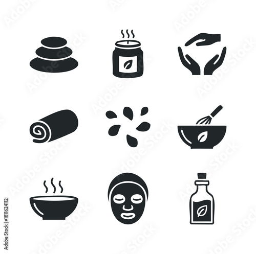 A versatile collection of spa wellness treatment relaxation icons symbolizing natural organic self care, ideal for health beauty skincare branding materials, websites, mobile applications,
