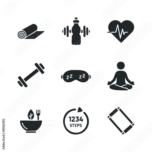 A diverse set of health and wellness icons representing fitness, meditation, nutrition, sleep, and activity tracking for modern lifestyle applications