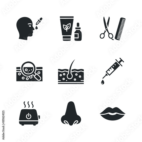 Comprehensive collection of minimalist black glyph icons illustrating various aspects of beauty, skincare, cosmetic treatments, and personal care services for use in modern applications,