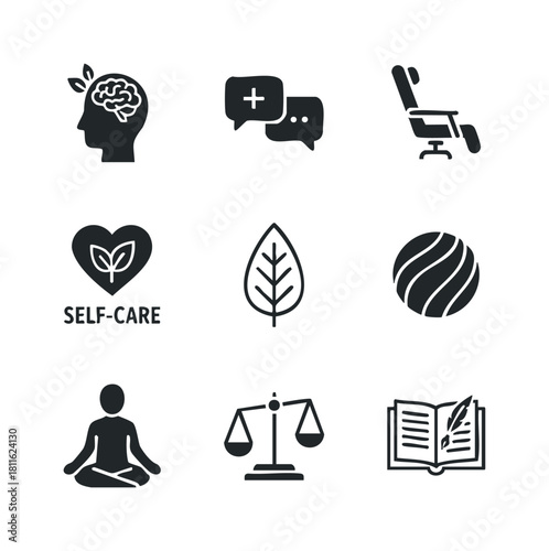 A comprehensive collection of modern flat black icons representing mental health, selfcare, communication, wellness, and personal development for use in digital applications and educational