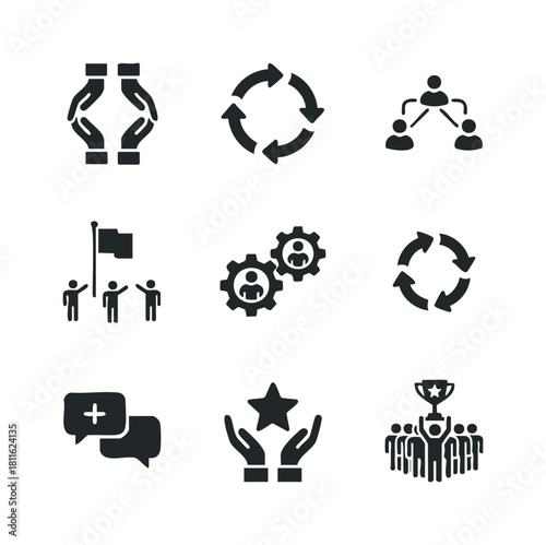A set of dark silhouette business and team management icons representing concepts like collaboration, leadership, success, process, and communication, useful for presentations and web