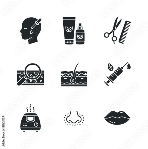 Comprehensive collection of beauty and cosmetic procedure icons including skincare, hair care, and spa treatments for brochures, websites, or wellness clinic advertising purposes.