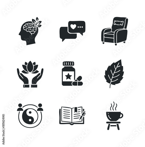 A comprehensive collection of wellbeing icons depicting mental health, relaxation, natural therapy, and personal growth for applications in health and lifestyle resources.