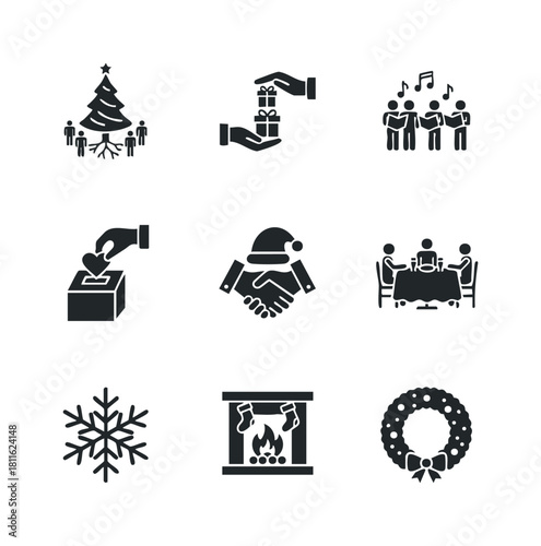 Holiday season icons depicting Christmas celebrations, community gatherings, gift exchanges, charity, and winter elements, perfect for seasonal marketing and festive event promotion.