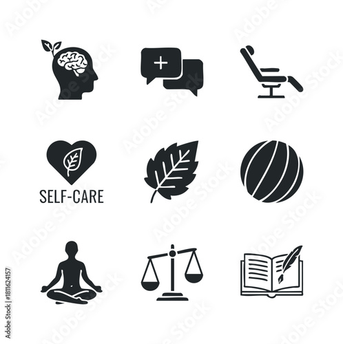 A collection of wellness icons illustrating mental health awareness, selfcare practices, physical fitness, personal growth, and emotional balance, ideal for healthrelated applications.