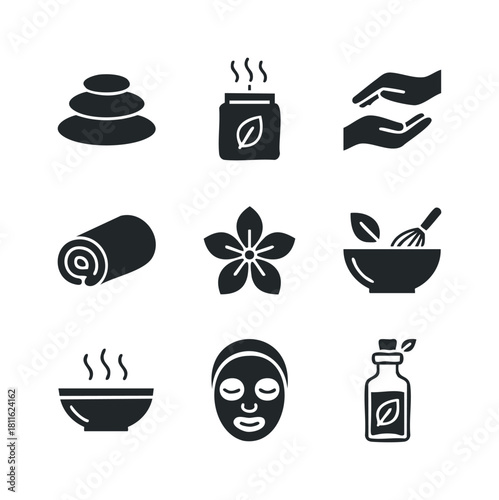 Collection of modern spa and wellness icons for health and beauty websites, relaxation therapy guides, selfcare product promotions, and holistic lifestyle content