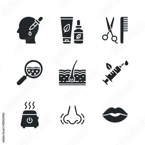Modern glyph icon collection for personal care and wellness featuring skincare, hair styling, cosmetic treatments, and dermatology, ideal for spa and health industry promotions.