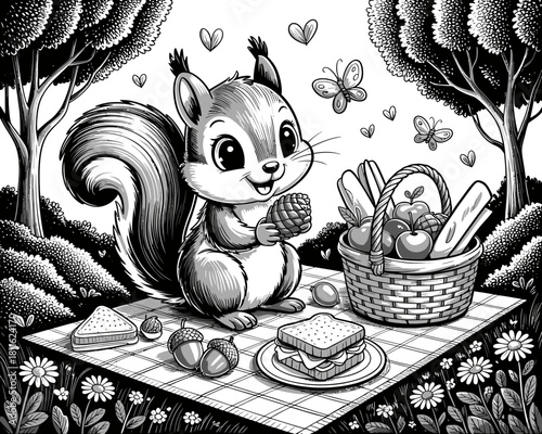 Cute cartoon squirrel enjoying a picnic with a basket of food and flowers