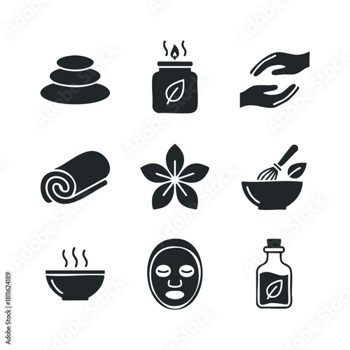 A collection of wellness icons representing spa treatments, relaxation, and natural beauty products, perfect for healthcare brochures, selfcare app interfaces, or holistic therapy