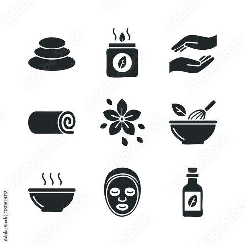 Spa and wellness glyph icons for relaxation and selfcare, featuring natural elements, aromatherapy, and beauty treatments, ideal for health and cosmetic branding.