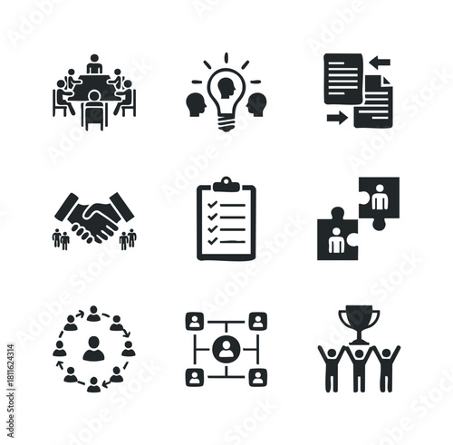 Essential business icons depicting various corporate concepts like team collaboration, innovative idea generation, strategic planning, effective communication, and triumphant achievement