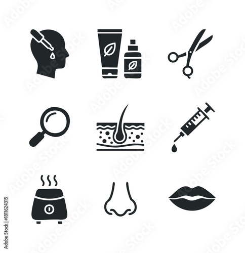 Essential beauty, skincare, and hair care icons featuring cosmetic products, dermatology treatments, salon tools, facial steaming, and human anatomy for health and wellness industry use.