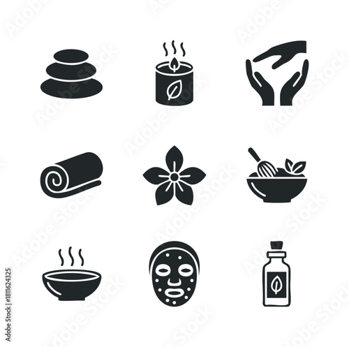 Collection of spa and wellness glyph icons for selfcare and relaxation themes perfect for natural beauty product packaging health blogs and serene lifestyle marketing materials