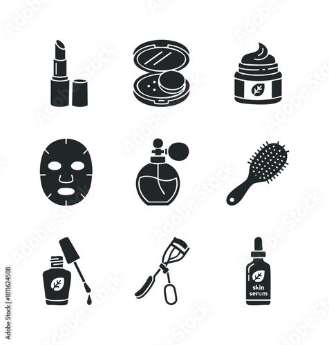 A comprehensive collection of essential cosmetic and personal care items including lipstick, compact powder, face cream, sheet mask, elegant perfume, hairbrush, nail polish, eyelash curler,