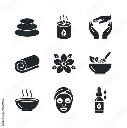 Collection of essential spa and wellness glyph icons representing relaxation, natural treatments, and selfcare practices perfect for health and beauty business applications