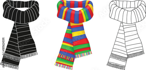 Set of three knitted winter scarves in black, colorful stripe and outline style